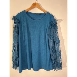 Alice Blue Teal Blue‎  Blouse with Sheer Floral Appliqué Sleeves - Size 3XL